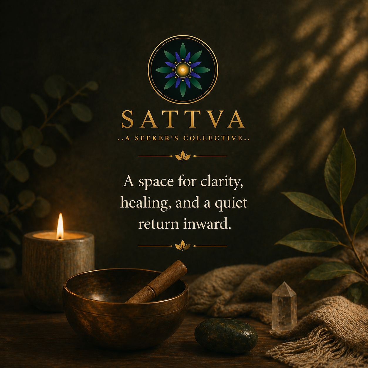 Sattva visual with singing bowl, candle, crystal, and the line a space for clarity, healing, and a quiet return inward.